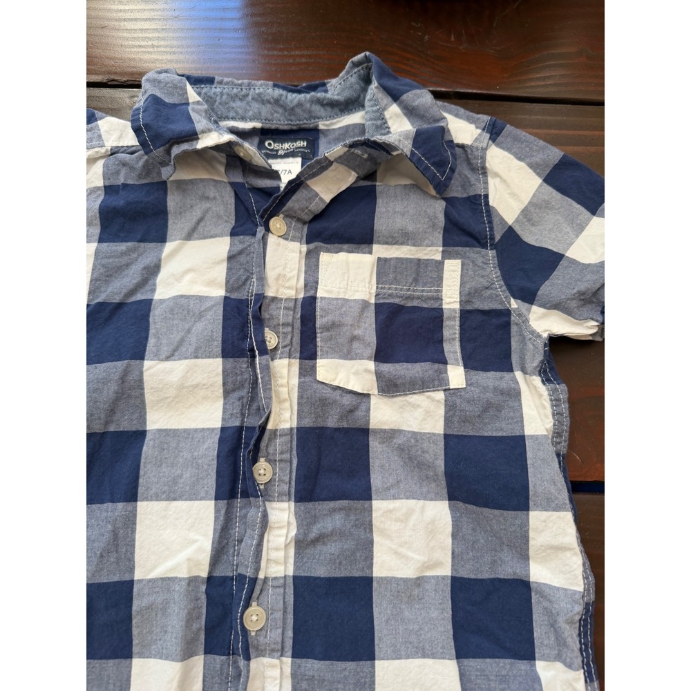OshKosh B'gosh Boys Navy Blue White Buffalo Check Plaid Button Down Shirt 7/7A - Picture 2 of 4